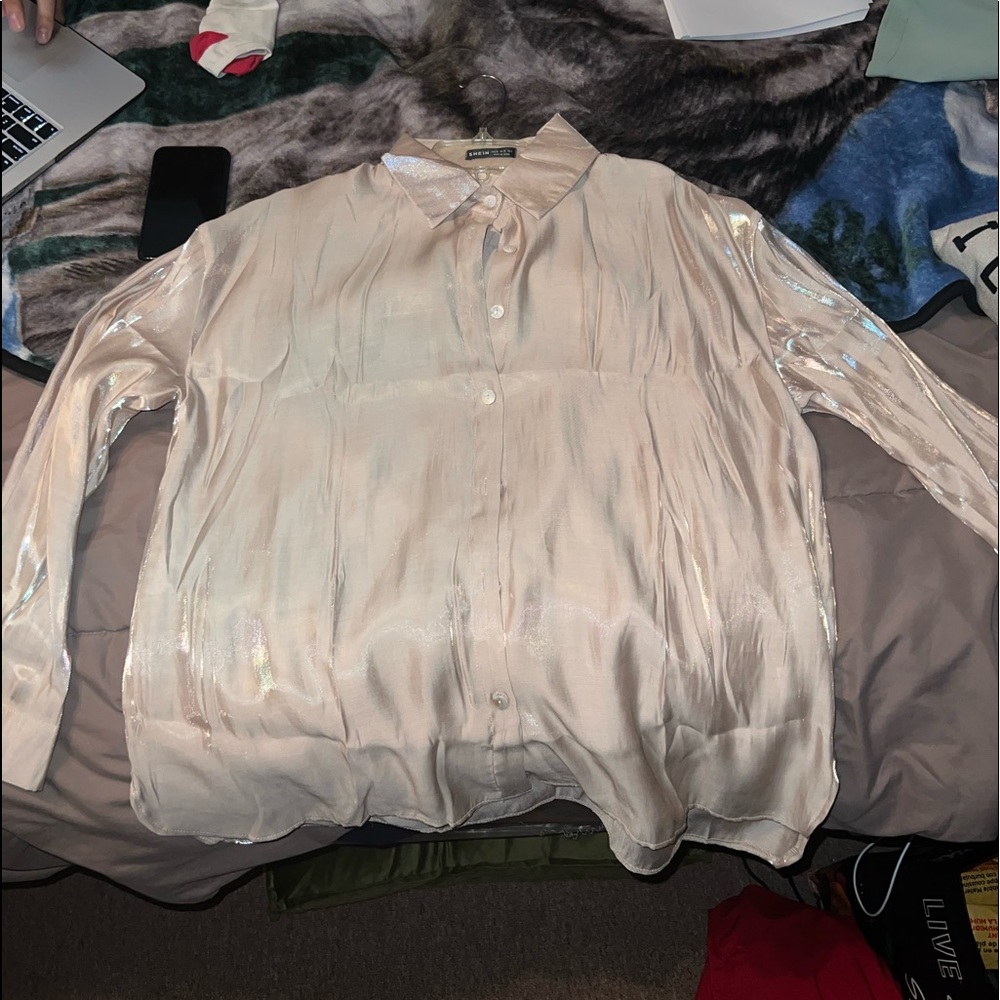 Gold Metallic Button-Up Blouse